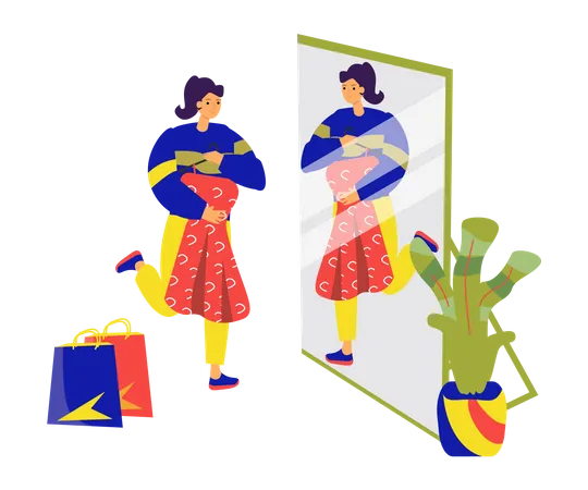 Woman Looking Dress In Mirror  Illustration