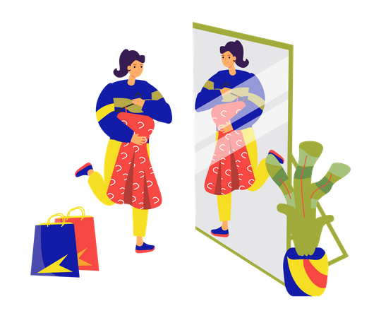 Woman Looking Dress In Mirror  Illustration