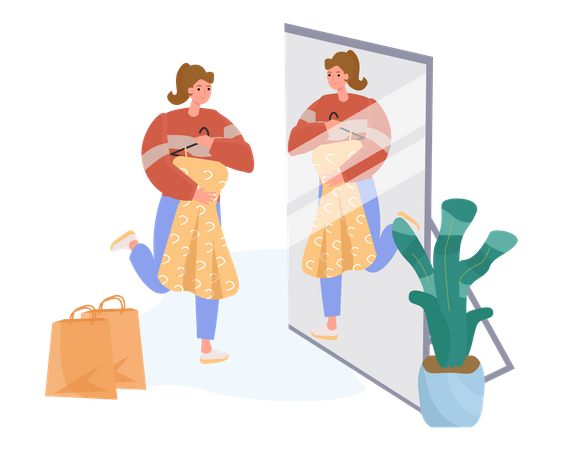 Woman Looking Dress In Mirror  Illustration