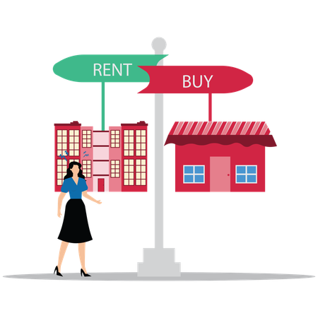 Woman looking Financial Choice to Buy Or Rent Apartment  Illustration