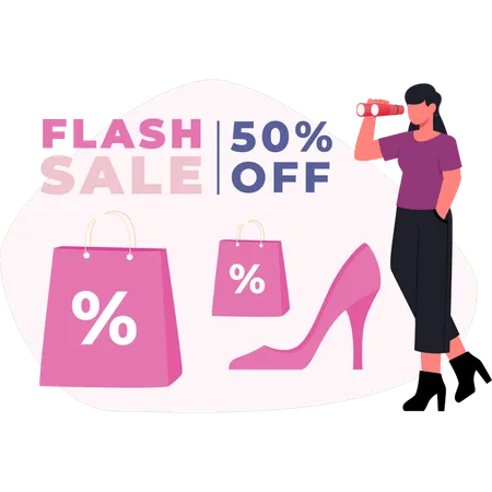 Woman looking flash 50 percentage  sale  Illustration