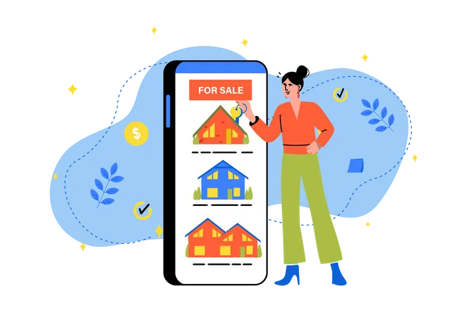 Woman looking for house on sale via mobile app  Illustration