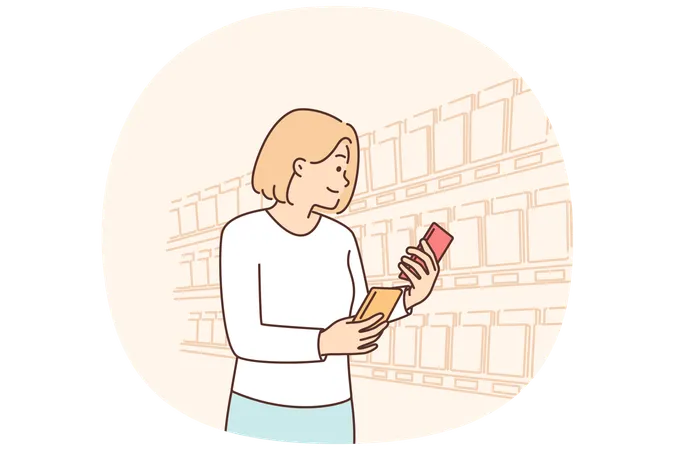 Woman looking for sweet chocolate on grocery store shelves choosing low calorie breakfast dessert  Illustration