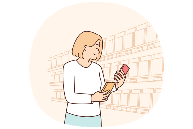 Woman looking for sweet chocolate on grocery store shelves choosing low calorie breakfast dessert  Illustration