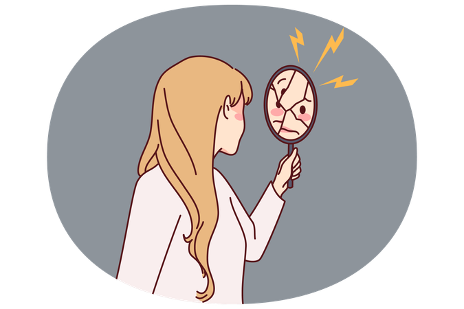 Woman looking in broken mirror  Illustration