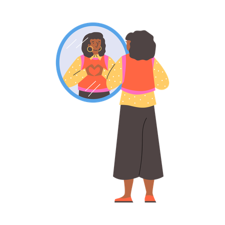 Woman looking in mirror and showing heart with hands  Illustration