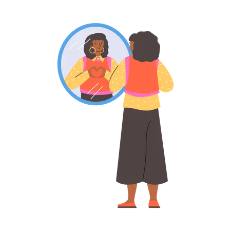 Woman looking in mirror and showing heart with hands  Illustration