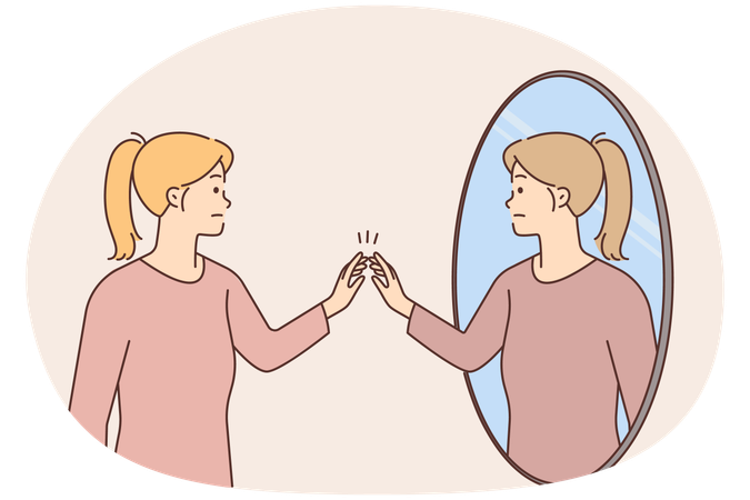 Woman looking in mirror talk to other self.  Illustration
