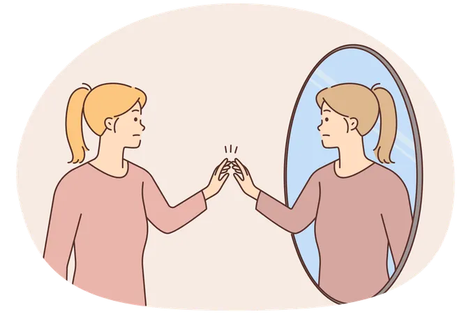 Woman looking in mirror talk to other self.  Illustration