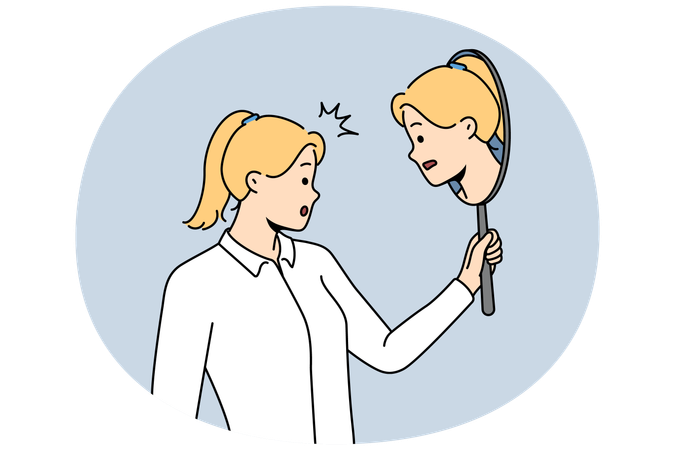 Woman looking in mirror thinking of different part of self.  Illustration