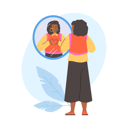 Woman looking in mirror while watching reflection heart sign with fingers  Illustration
