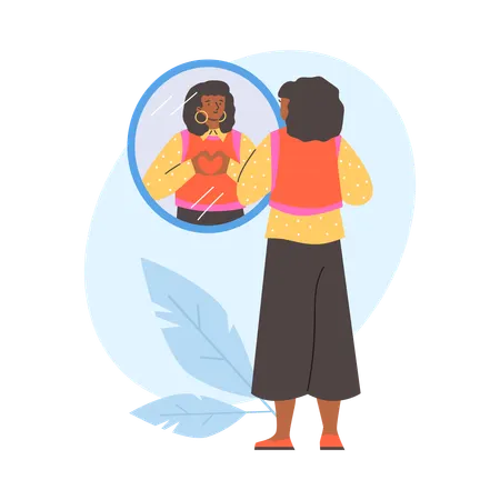 Woman looking in mirror while watching reflection heart sign with fingers  Illustration