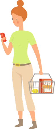 Woman looking in mobile with basket  Illustration