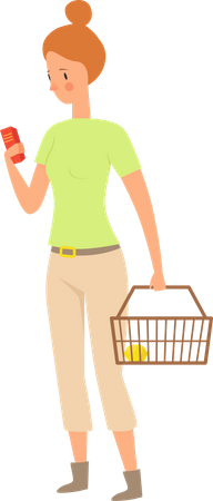 Woman looking in mobile with basket  Illustration