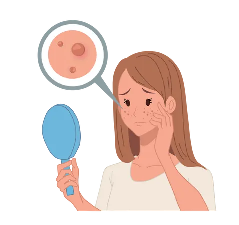 Woman looking into mirror due to acne problem  Illustration