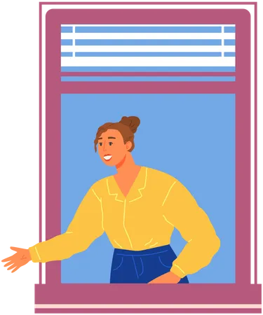 Young Woman Looking Out Of Window Isolated On White Background Smiling Girl Sees View Of Street Lady Spends Time At Home Relaxing Looking Out Window Happy Female Character Outdoors On Balcony Illustration