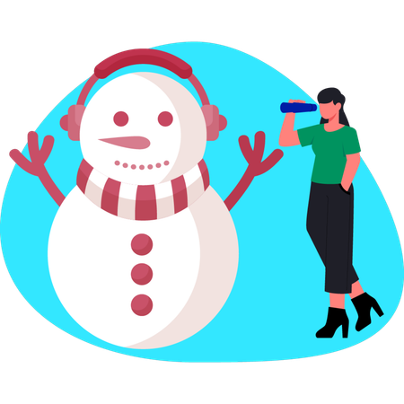 Woman looking snowman by binocular  Illustration