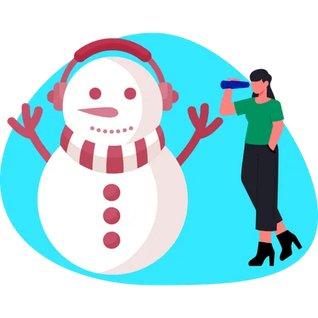 Woman looking snowman by binocular  Illustration