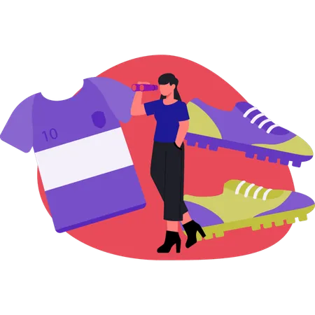 Woman looking soccer shirt by spy glass  Illustration