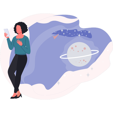 Woman looking space planet in mobile  Illustration