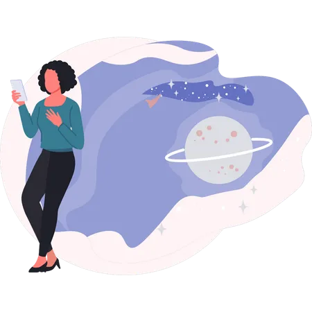 Woman looking space planet in mobile  Illustration