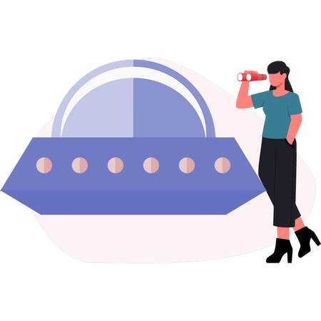 Woman looking spaceship using binocular  Illustration