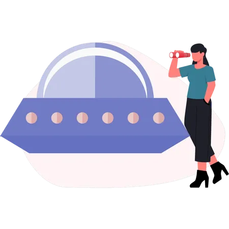 Woman looking spaceship using binocular  Illustration