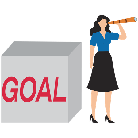 Woman looking through binoculars near cubes with goal  Illustration