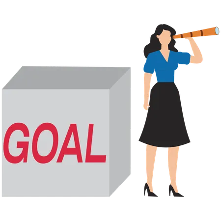 Woman looking through binoculars near cubes with goal  Illustration