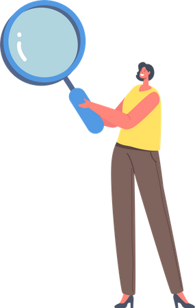 Woman looking through using magnifying glass Illustration