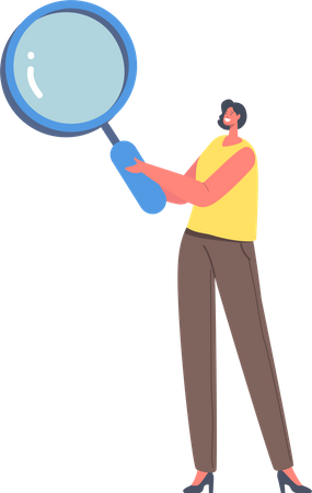 Woman looking through using magnifying glass  イラスト