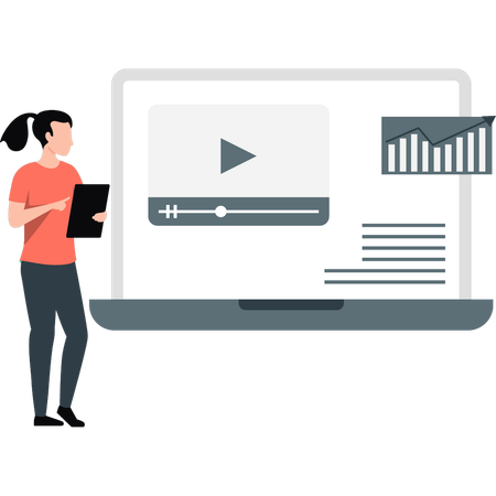 Woman looking video tutorial on laptop  Illustration
