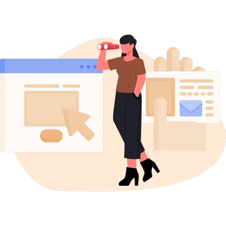 Woman looking web courser using telescope  Illustration