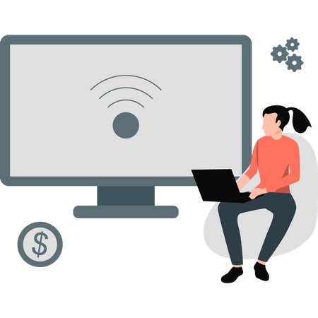 Woman looking wifi on monitor  Illustration