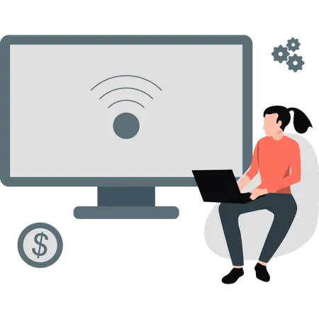 Woman looking wifi on monitor  Illustration