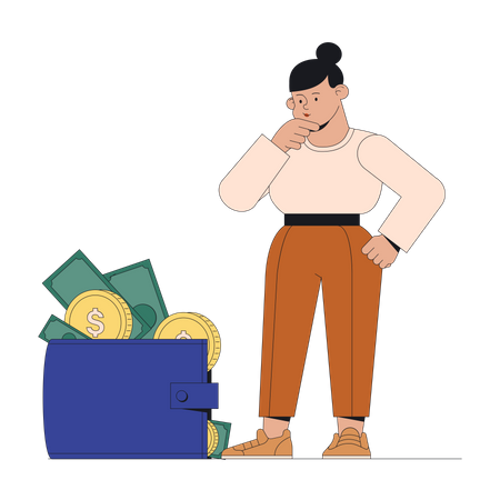 Woman looks at a purse with money Illustration