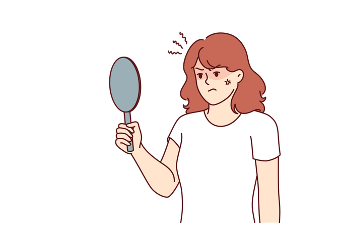 Woman looks at her sad face in mirror  Illustration