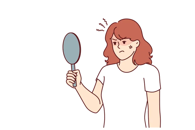 Irritated Woman Looks In Mirror Feeling Anger Because Skin Problems Or Birthmark On Face Spoiling Appearance Teenage Girl Is Dissatisfied With Appearance Due To Lack Proper Skincare Illustration