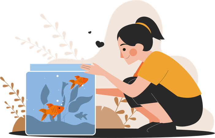 Woman looks at pet fish  Illustration