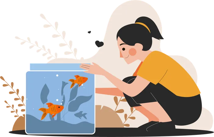 Woman looks at pet fish  Illustration