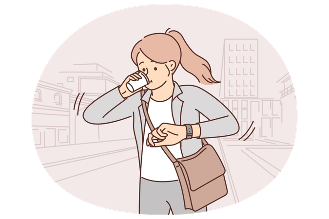 Woman looks at watch, hurries to important meeting and runs through streets of city drinking coffee  Illustration