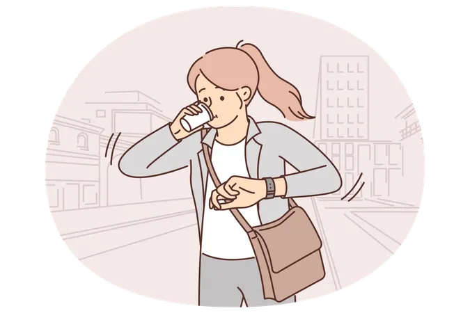 Woman looks at watch, hurries to important meeting and runs through streets of city drinking coffee  Illustration