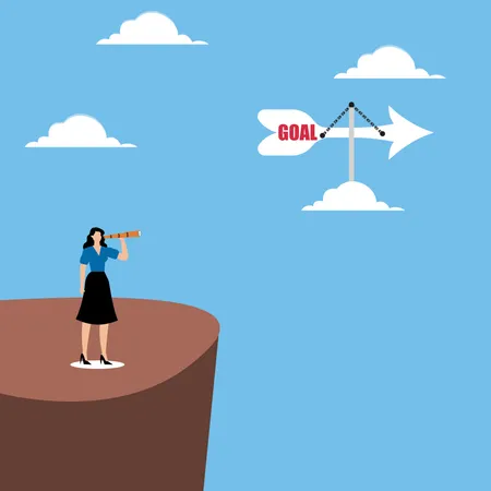 Woman looks binoculars from cliff at a goal pointer  Illustration