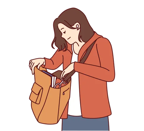 Woman looks into large bag hanging on shoulder in search of wallet lost in handbag  Illustration