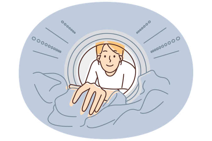 Woman looks into washing machine to get clean clothes while doing housework and taking care hygiene  Illustration