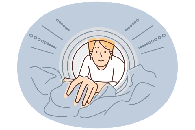 Woman looks into washing machine to get clean clothes while doing housework and taking care hygiene  Illustration