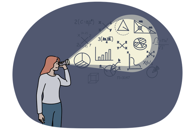 Woman looks mathematical formulas on wall using flashlight  Illustration
