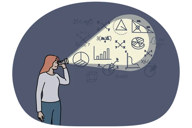 Woman looks mathematical formulas on wall using flashlight  Illustration