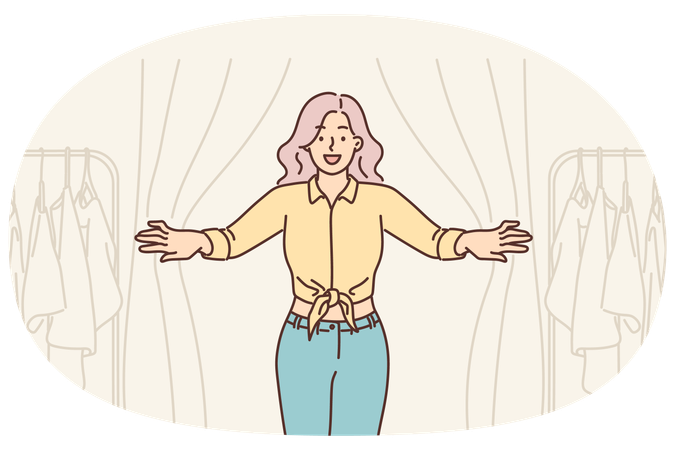 Woman looks out of fitting room in clothing store while shopping and choosing new look  Illustration