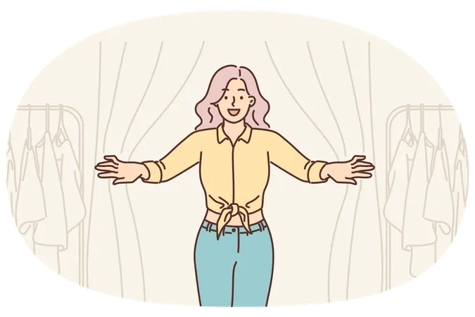 Woman looks out of fitting room in clothing store while shopping and choosing new look  Illustration